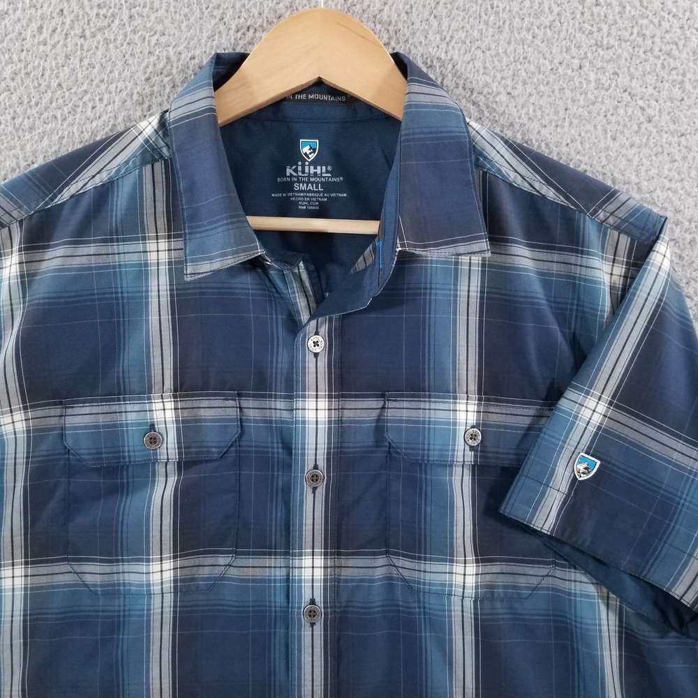KUHL Shirt Mens Small Response Blue Plaid Outdoor Hiking Performance Fishing